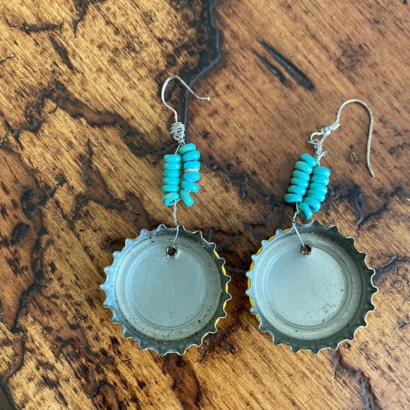 Handmade Pacifico Bottle Cap Earrings with turquoise beads - Picture 2 of 2